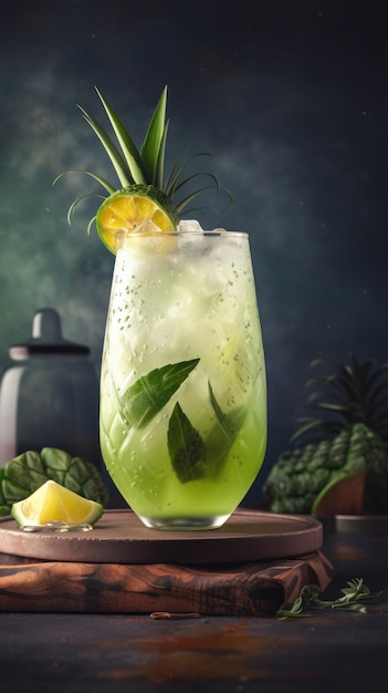 Una bevanda verde con un contorno di ananas in cima all'immagine generativa ai