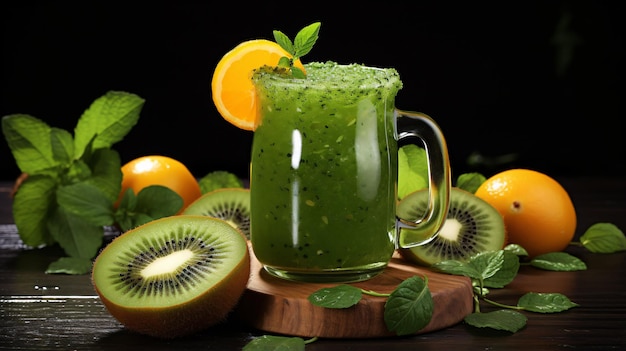 Una bevanda verde con una fetta di kiwi