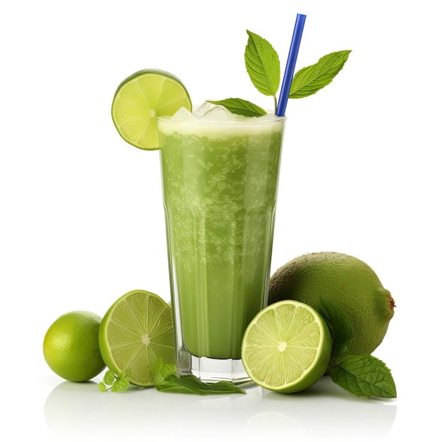 Una bevanda verde rinfrescante guarnita con foglie di lime e menta