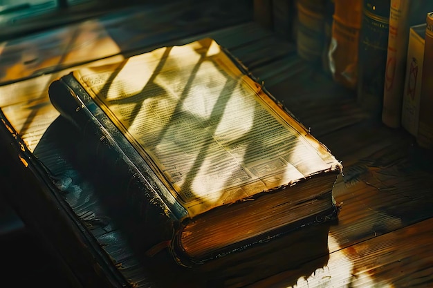Una Bibbia santa poggiata su un tavolo di legno in un ambiente semplice