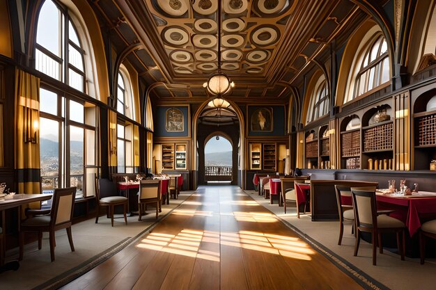 Una biblioteca con un grande soffitto con una grande finestra e una libreria con sopra dei libri.