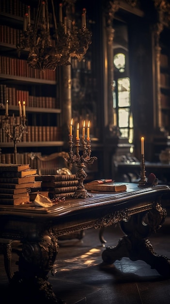 Una biblioteca con un libro sul tavolo e una candela sul tavolo