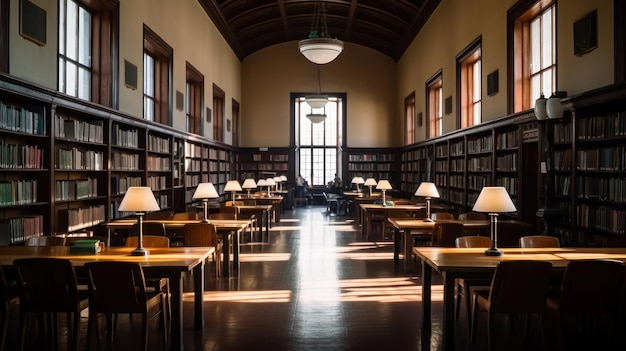 una biblioteca con una fila di scrivanie e un orologio sul muro