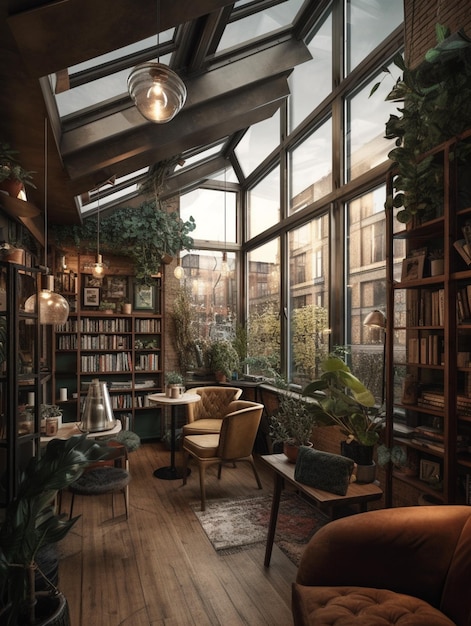 Una biblioteca con una grande finestra con sopra una pianta.