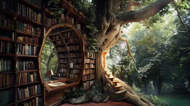 Una biblioteca eterea e mistica costruita all'interno di un antico albero vuoto