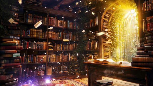 Una biblioteca magica esistente all'interno di una dimensione tascabile Generative Ai