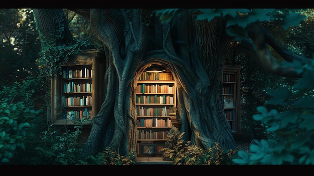 Una biblioteca magica nascosta nel cuore di un'antica foresta.