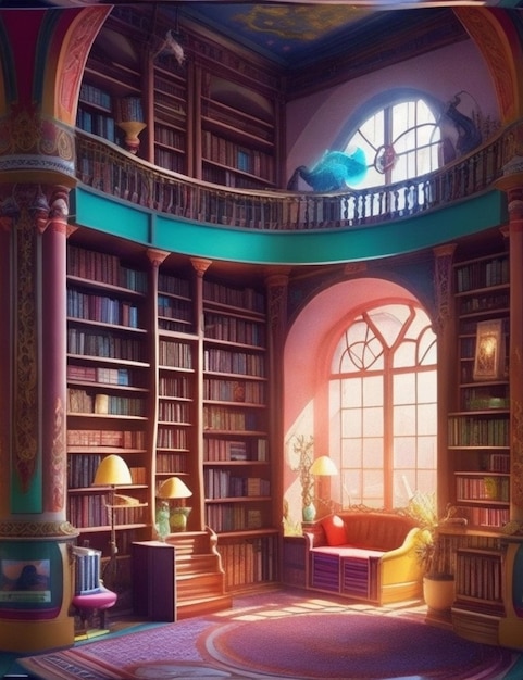 Una biblioteca stravagante con i suoi libri e scaffali colorati e un'atmosfera magica che incoraggia