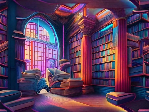 Una biblioteca stravagante con i suoi libri e scaffali colorati e un'atmosfera magica che incoraggia