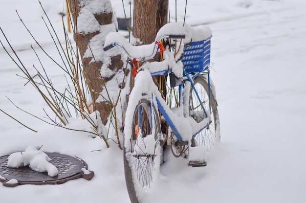 Una bici coperta di neve è coperta di neve.