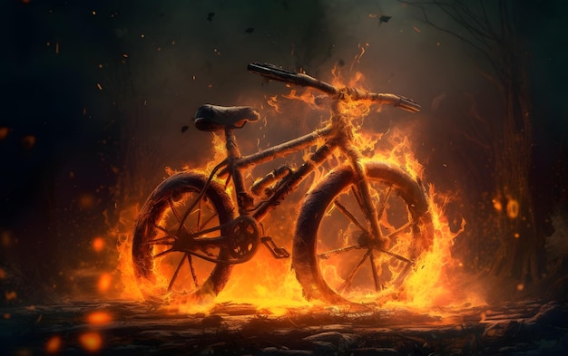 Una bici in fiamme nel fuoco