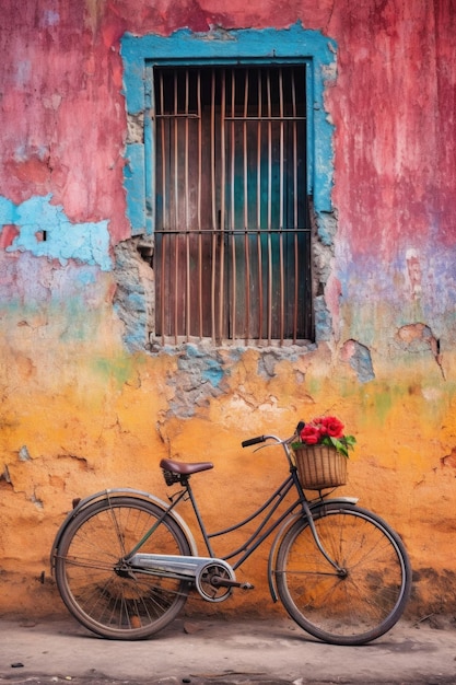 Una bicicletta appoggiata a un muro colorato creato con l'IA generativa