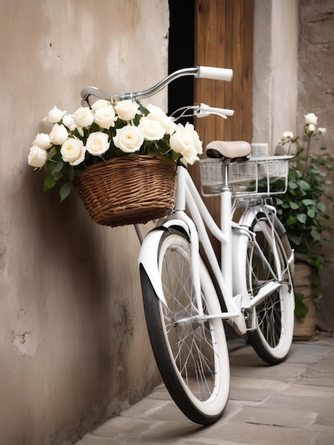 Una bicicletta bianca adornata con cesti pieni di rose bianche