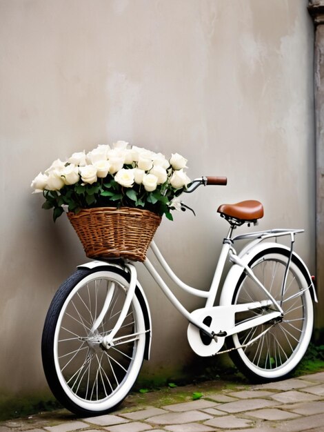 Una bicicletta bianca adornata con cesti pieni di rose bianche