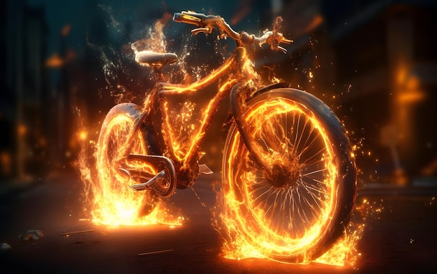 Una bicicletta con delle fiamme su di essa viene illuminata con un effetto fiamma.