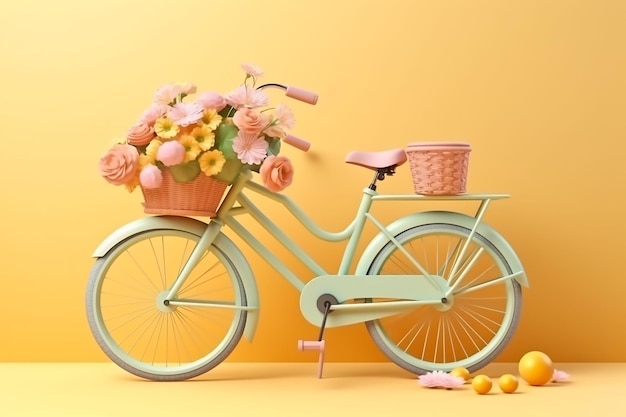 Una bicicletta con sopra un cesto di fiori