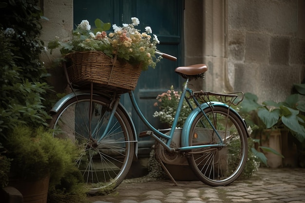Una bicicletta con sopra un cesto di fiori