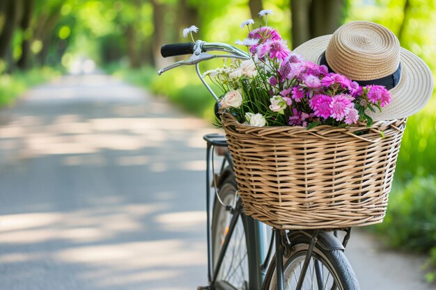 una bicicletta con un cesto che ha dei fiori dentro