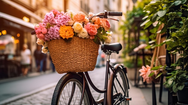 Una bicicletta con un cesto pieno di fiori Immagine generativa AI