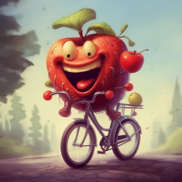 Una bicicletta con un cesto pieno di foto di frutta