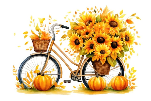 Una bicicletta con un cesto pieno di girasoli e zucche Immagine digitale