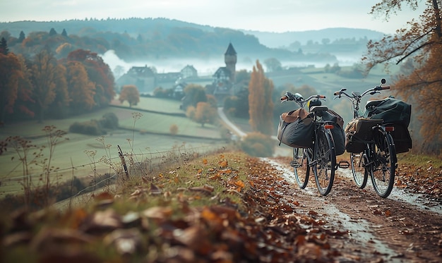 una bicicletta con una carrozza trainata da cavallo sta scendendo su una strada di terra
