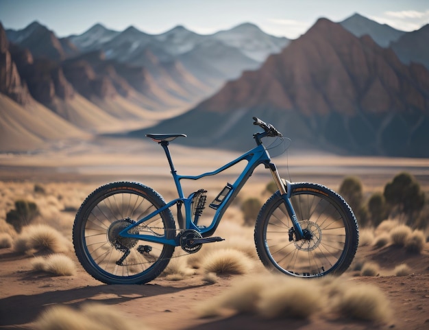 Una bicicletta da montagna blu in piedi in montagna durante la Giornata mondiale della bicicletta con intelligenza artificiale generativa