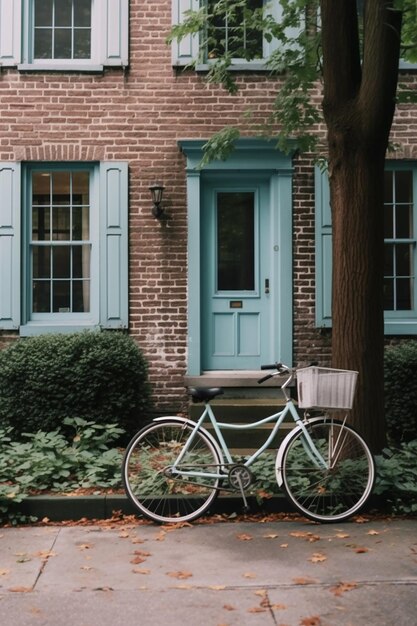 una bicicletta è fuori da un piccolo cottage in mattoni