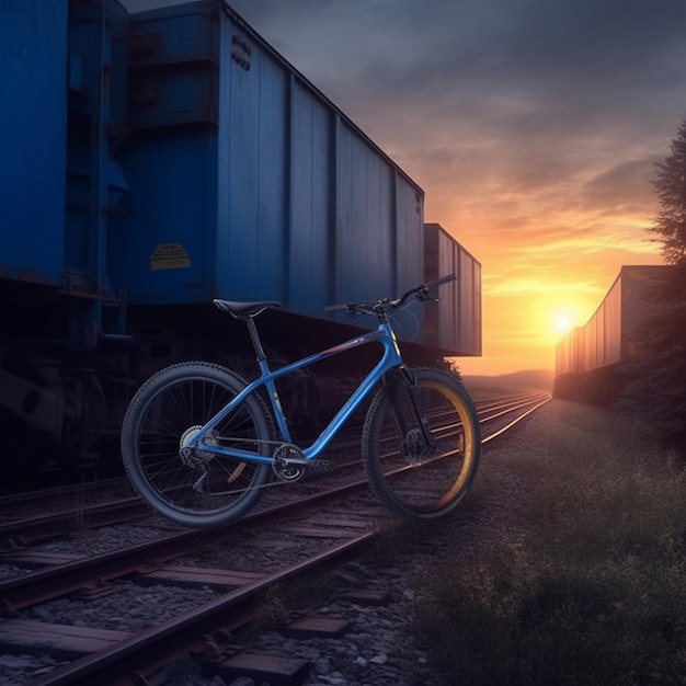 una bicicletta è parcheggiata sui binari con il sole che tramonta dietro di lei.