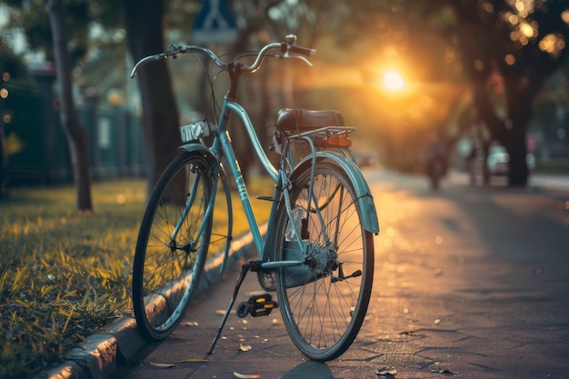 una bicicletta è parcheggiata sul marciapiede la sera