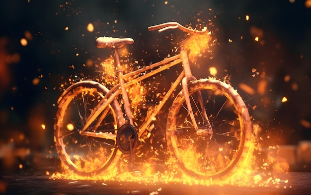 Una bicicletta in fiamme è in fiamme con le fiamme e la parola bicicletta su di essa.