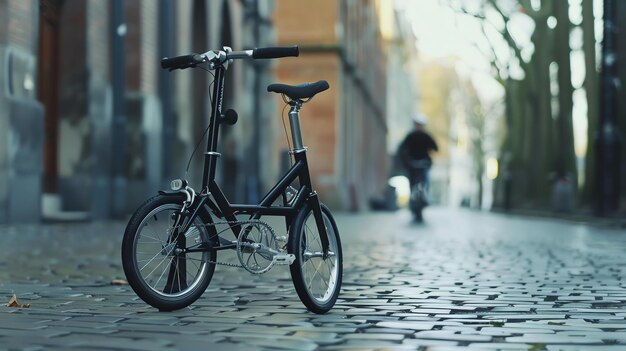 Una bicicletta pieghevole nera è parcheggiata su una strada di ciottoli in una città europea La bicicletta è in primo piano e leggermente inclinata a destra