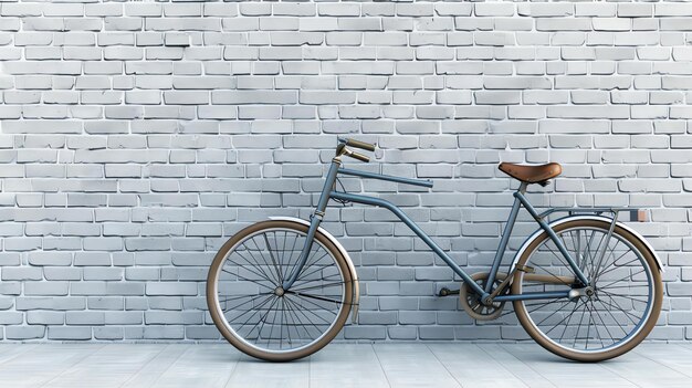 Una bicicletta vintage blu è appoggiata a un muro di mattoni bianchi La bicicletta ha un sedile in pelle marrone e pneumatici marroni