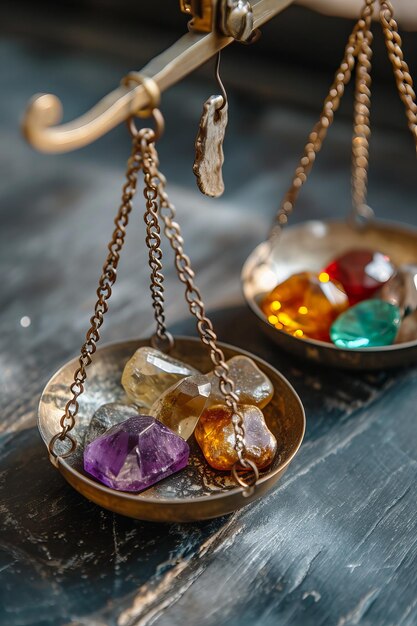 Una bilancia antica di gioiellieri adornata da pietre preziose colorate ideale per illustrare articoli su