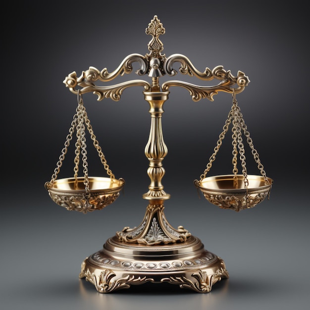 una bilancia della giustizia in metallo nello stile del concetto legale in oro e bronzo