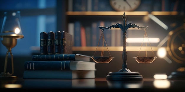 Una bilancia della giustizia si trova su una scrivania in un ufficio buio con un orologio sul muro dietro di loro.