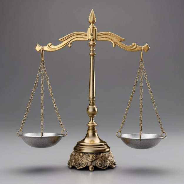 una bilancia metallica di giustizia nello stile dell'oro e del bronzo rendering realistico concetto giuridico