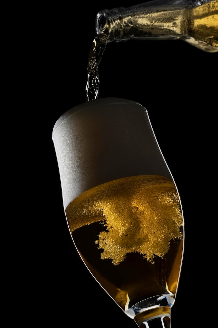 Una birra che versa in un bicchiere su sfondo nero.