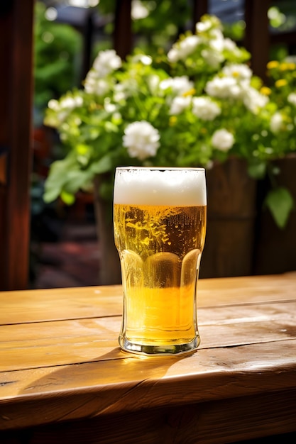 Una birra fresca o una limonata su un tavolo di legno rustico