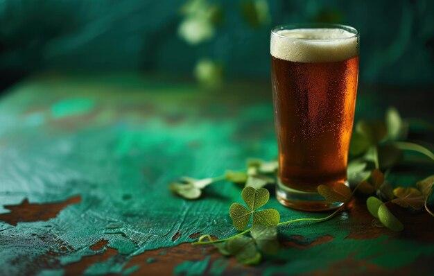 una birra irlandese con due foglie di trifoglio sedute su un tavolo verde