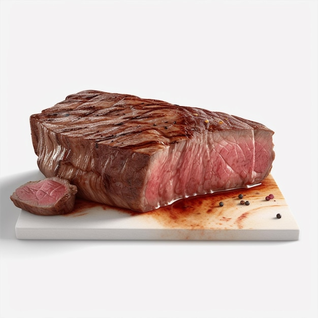 Una bistecca che è stata tagliata a metà e presenta una macchia rossa.
