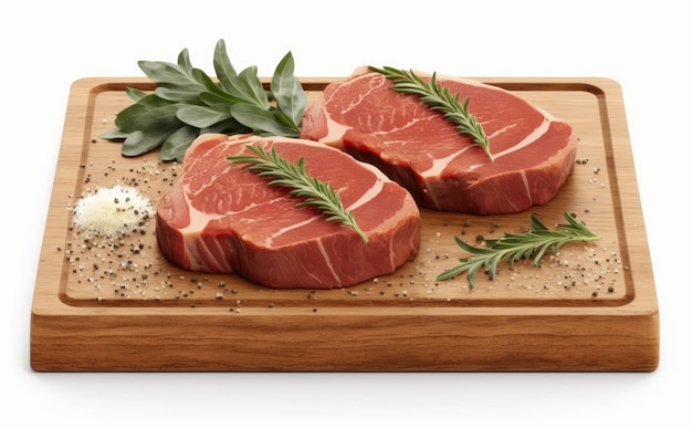 Una bistecca con sopra un rametto di rosmarino ed erbe aromatiche su una tavola di pietra. carne cruda. ai generato