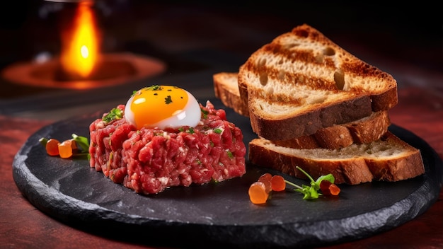 Una bistecca con sopra un uovo fritto e toast su una lastra di pietra.