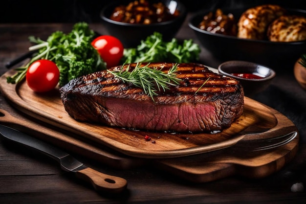 una bistecca con un lato di verdure e un'insalata su un tavolo di legno