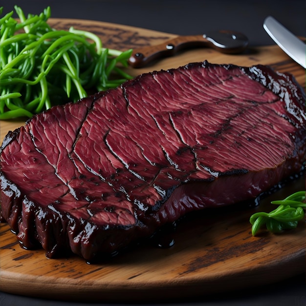 Una bistecca dal colore rosso scuro è su un tagliere di legno con fagiolini.