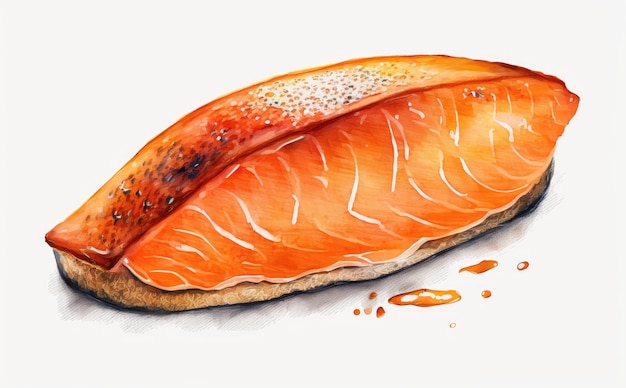 Una bistecca di salmone affumicato caldo disegnato su sfondo bianco illustrazioni di frutti di mare dell'acquerello ai generato