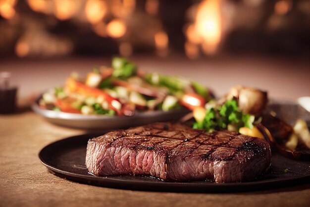 Una bistecca e un'insalata su un piatto IA generativa