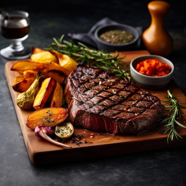 Una bistecca e una ciotola di verdure sono su un tagliere.