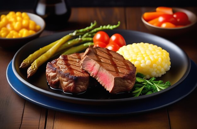 Una bistecca fritta e succosa con verdure e asparagi.