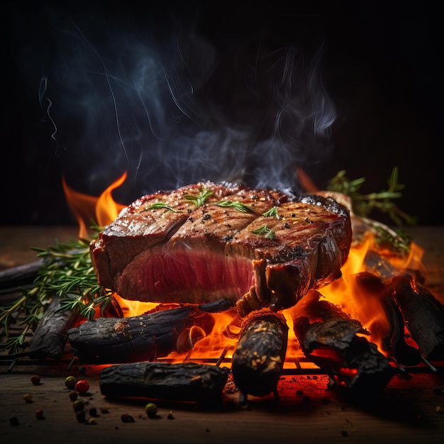 Una bistecca grigliata e succosa che cuoce sul fuoco.